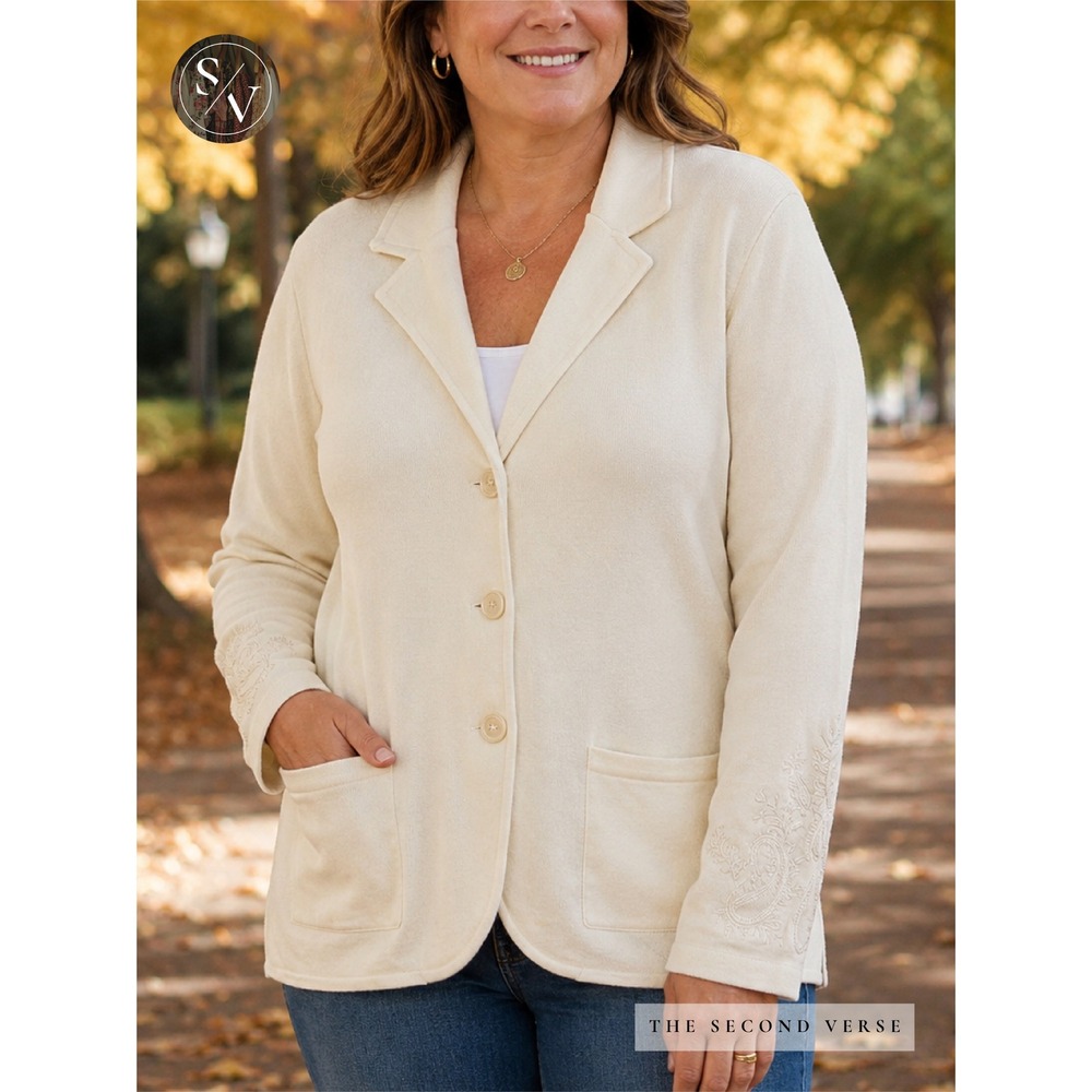Lauren Ralph Lauren Women Cream Embroidered Knit Jacket Old Money Quiet Luxury